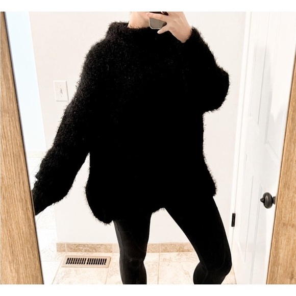 FREE PEOPLE Black Funnel Neck Eyelash Oversized Sweater Tunic